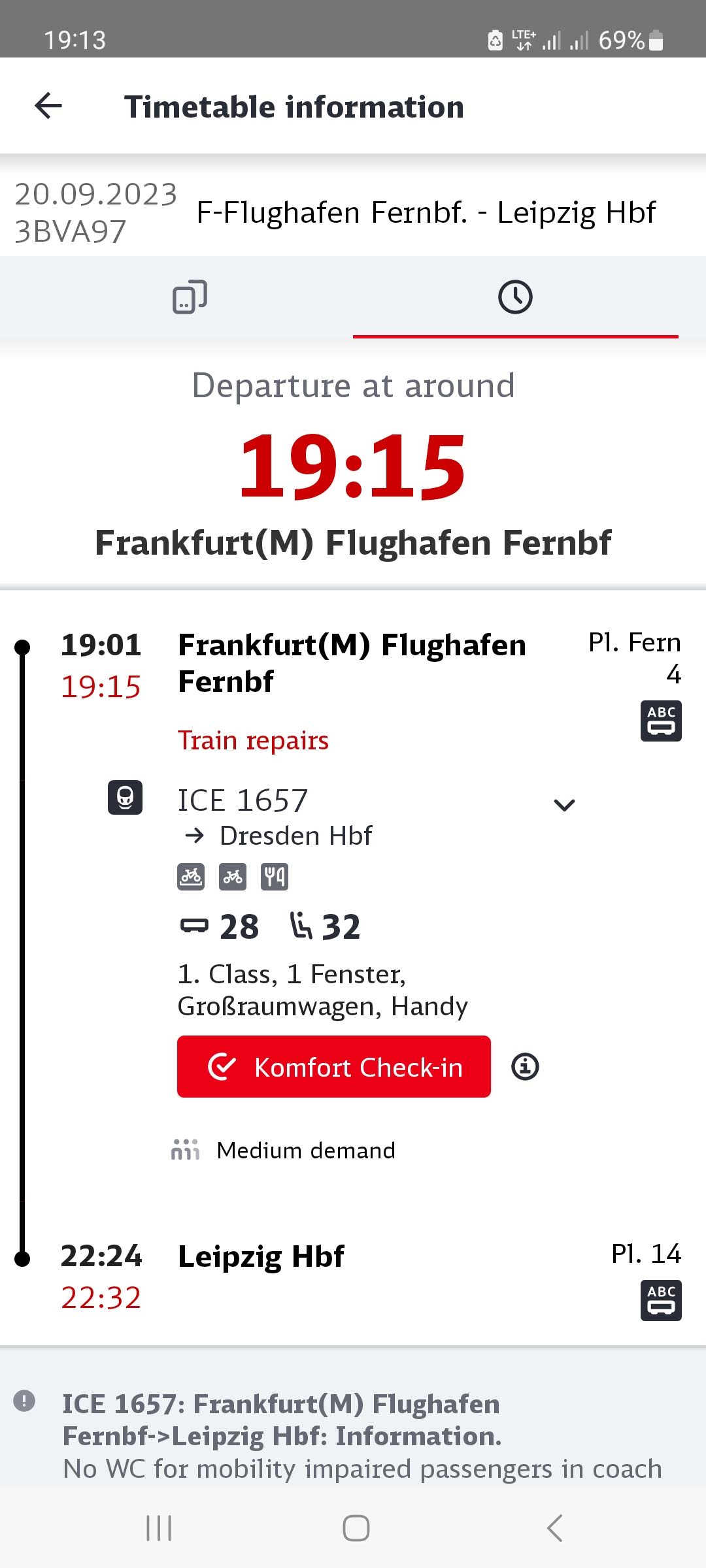 DB App showing the delay for my journey from Frankfurt Airport to Leipzig*